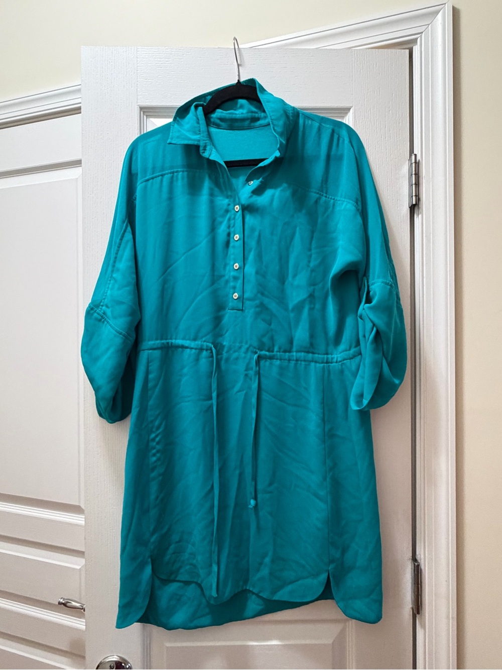bebe Teal Long-Sleeve Button-Front Shirt Dress